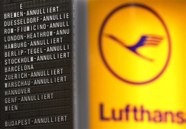 Cancelled flights are seen on a board in the terminal at the airport of Frankfurt, central Germany, Monday, Feb. 22, 2010, on the first day of a strike of more than 4000 Lufthansa pilots asking for more money and a job guarantee. The strike is supposed to last four days. (AP Photo/Michael Probst)